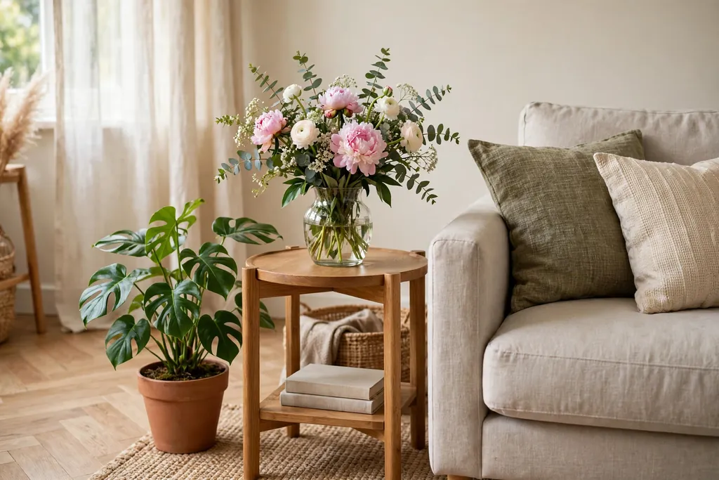 Side table with a vase of fresh flowers and a potted green plant beside a sofa.
