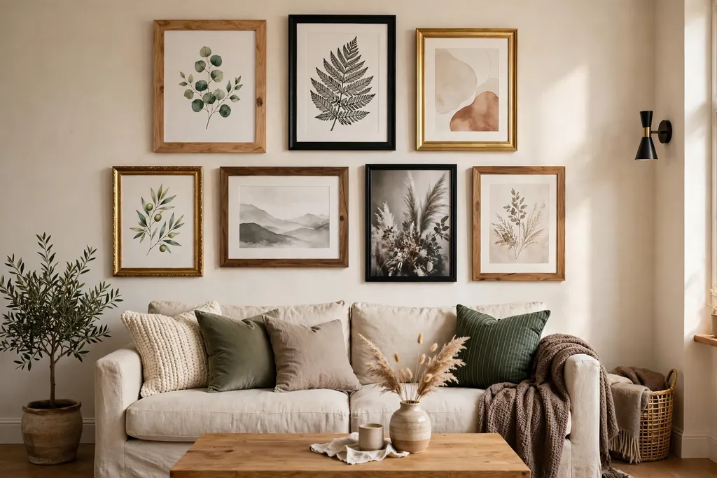 Collected gallery wall in mixed wood, gold, and black frames above a living room sofa.