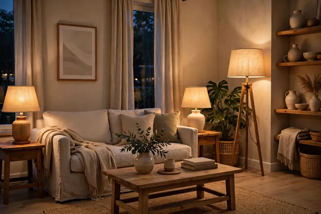 Living room in the evening lit by table lamps and a floor lamp with warm light and linen shades.