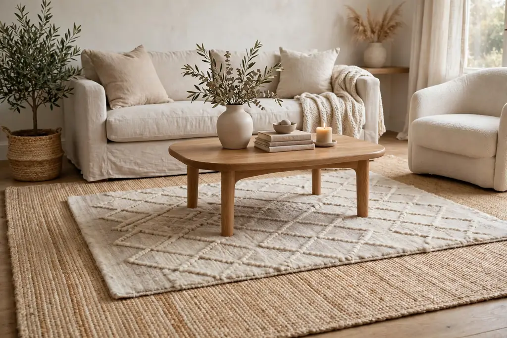 Wool rug layered over a larger jute rug under a coffee table in a neutral living room.