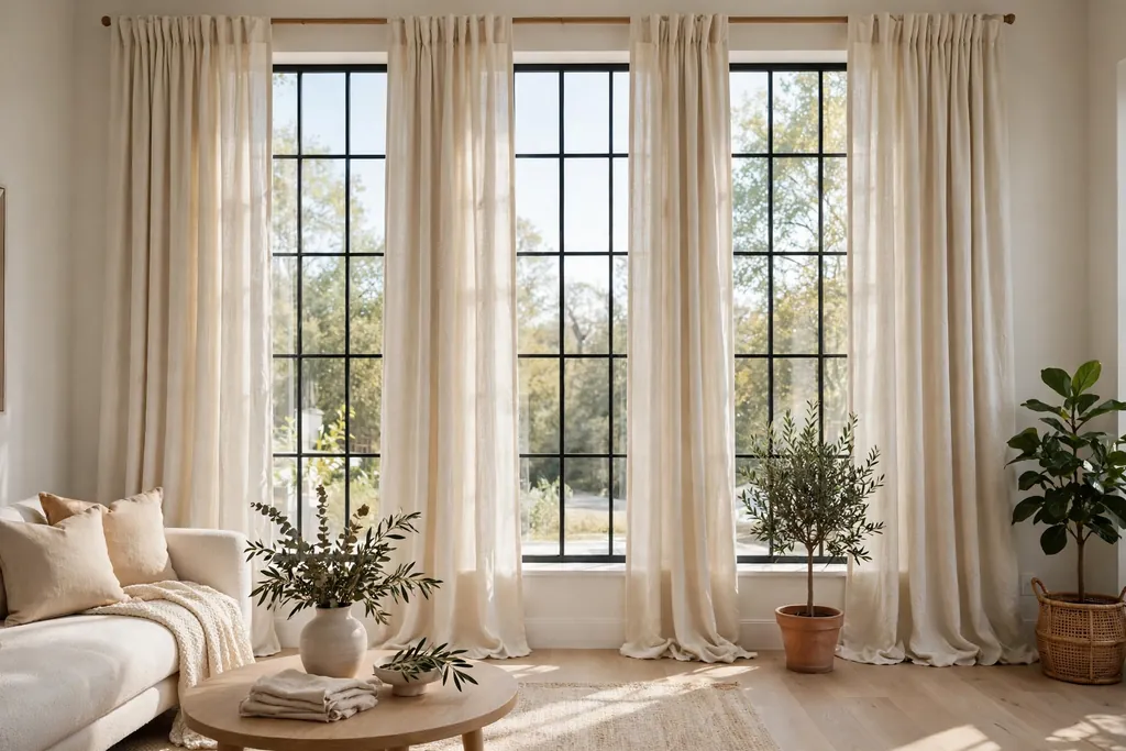 Tall living room windows with floor-length cream linen drapes and daylight.