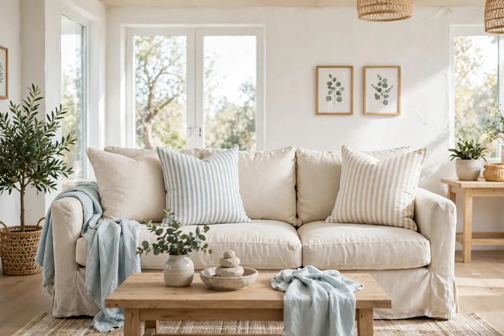 Sofa with linen and ticking stripe pillows in cream, white, and pale blue.
