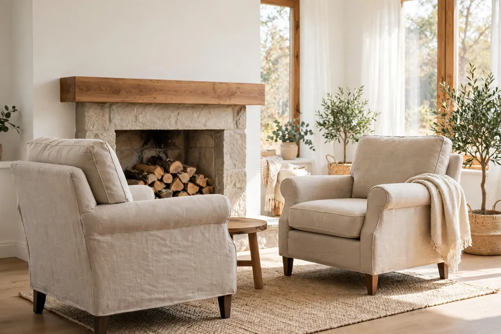 Two linen armchairs facing each other beside a fireplace with a wood mantel.