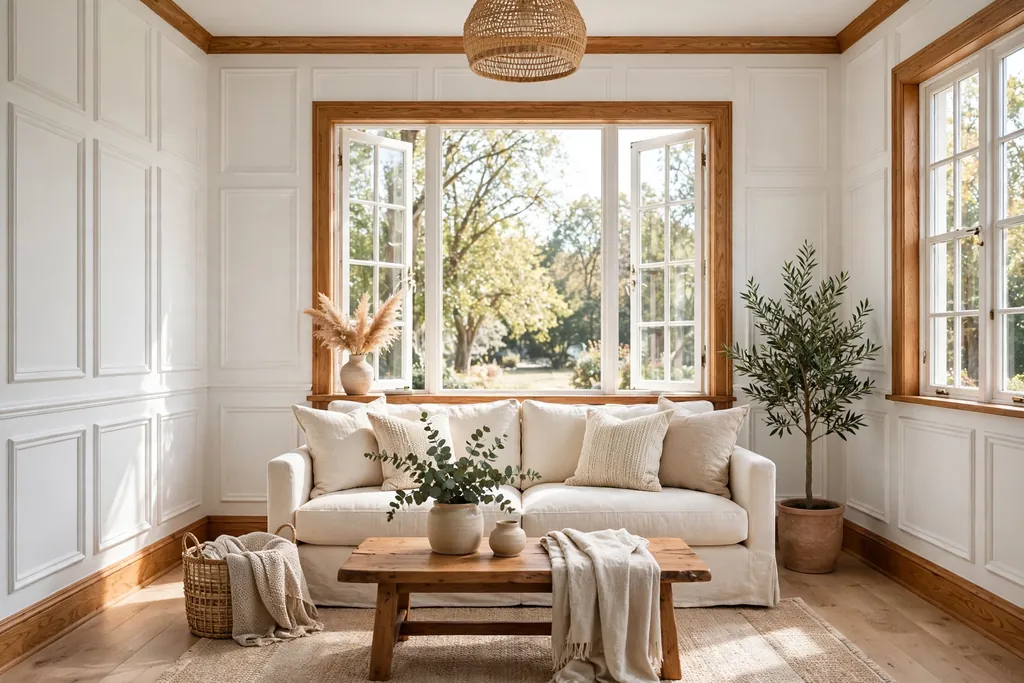 Living room with white paneled walls, warm wood trim, and a cream sofa.