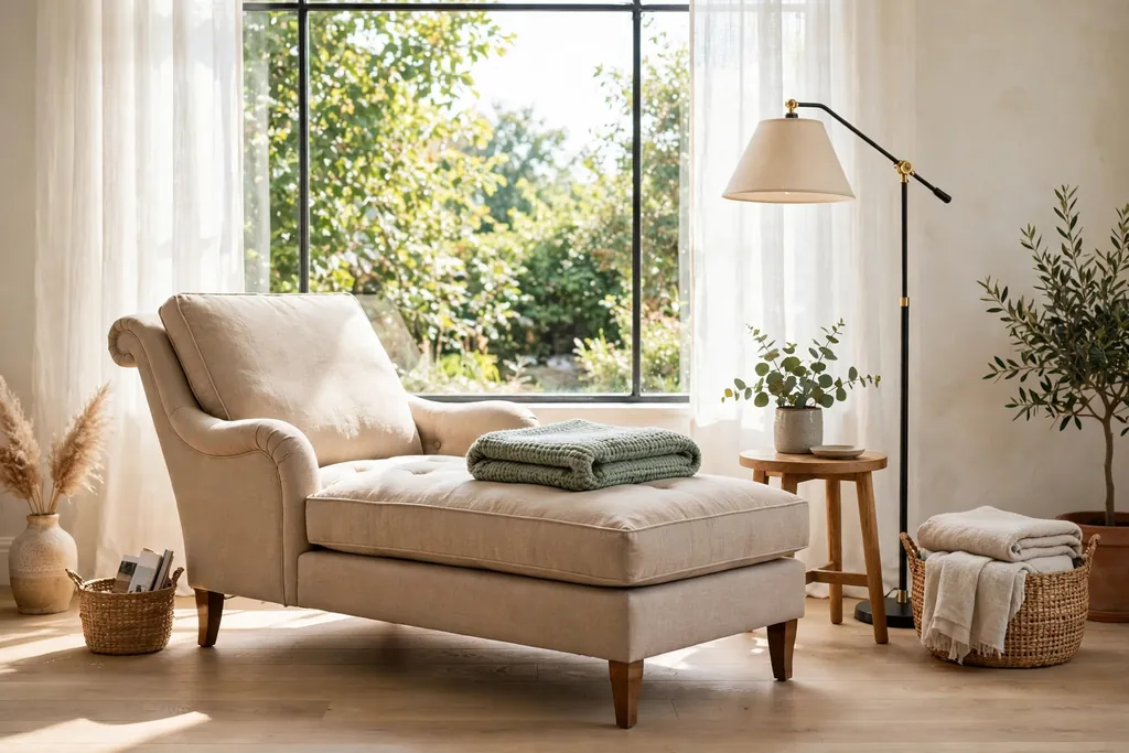 Reading chaise by a bright window with a floor lamp, side table, and folded throw.