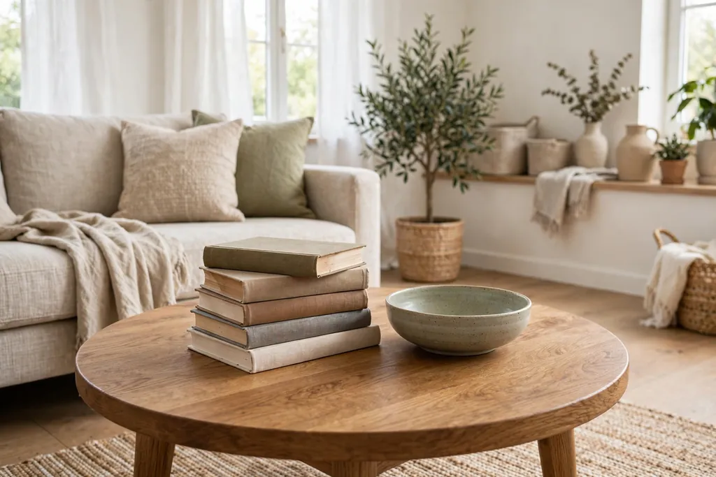Round wood coffee table with stacked books and a low bowl in a bright living room.