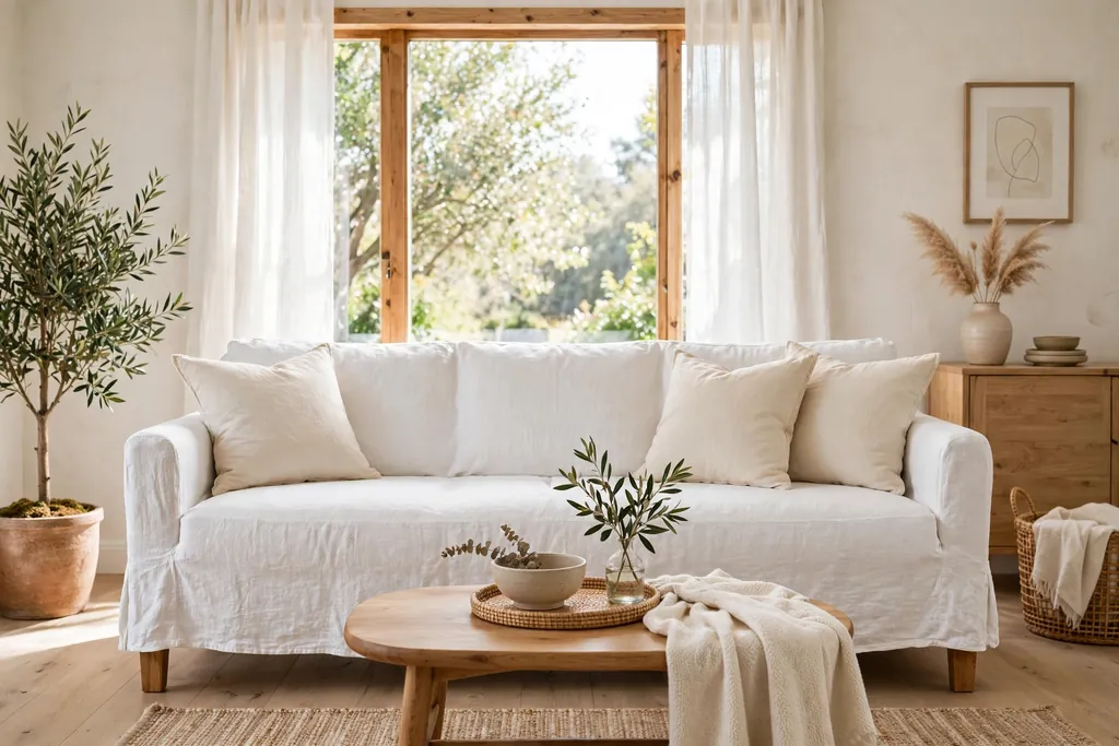 Living room with a slipcovered sofa in washed white linen, wood legs, and soft cream pillows.