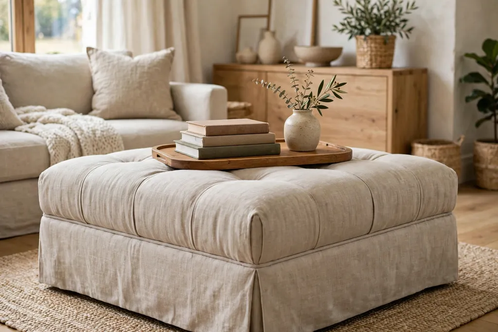 Large upholstered linen ottoman with a wood tray, books, and a small vase in a living room.