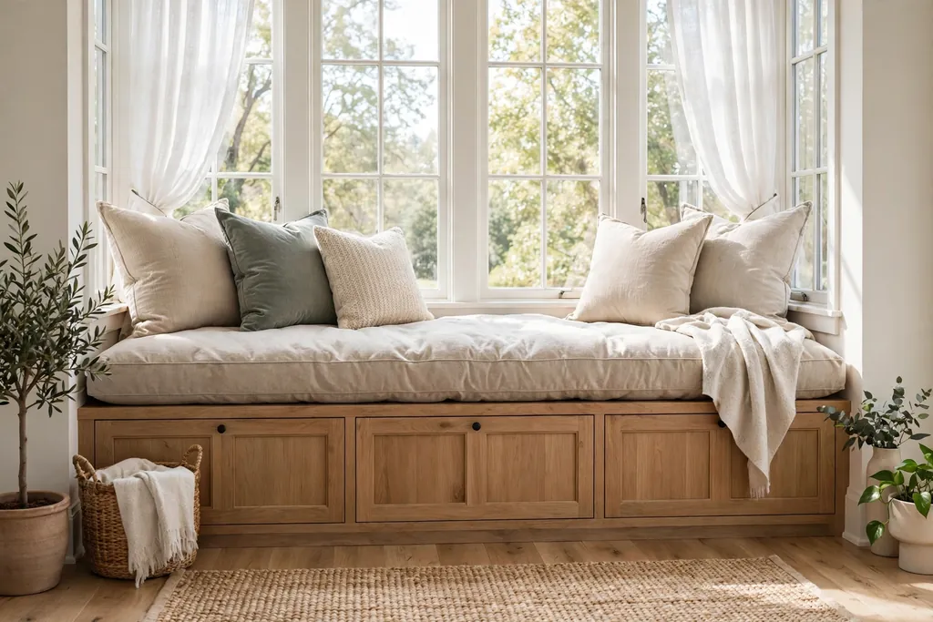 Window seat with a deep cushion, back pillows, and storage bench below in a bright living room.