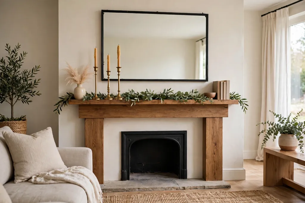 Wood mantel styled with candlesticks, a mirror above, and a low row of greenery.