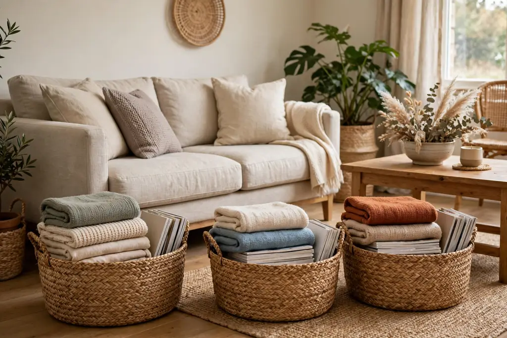 Woven seagrass baskets beside a sofa holding folded throws and magazines.