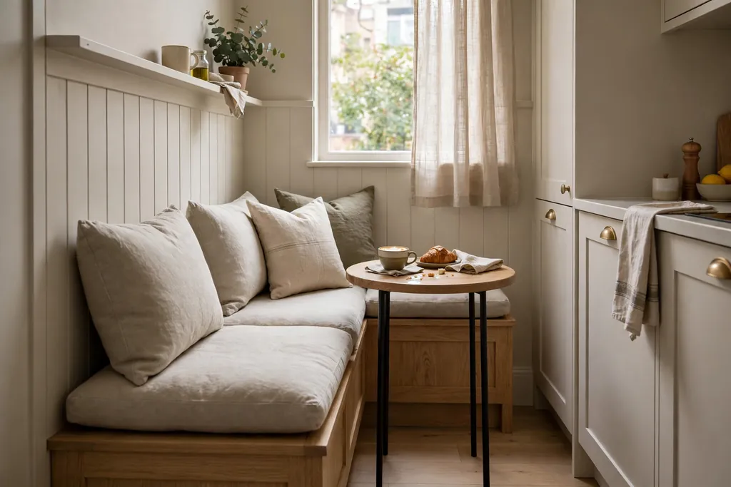 Slim built in banquette bench with cushions and a small table in a narrow kitchen.
