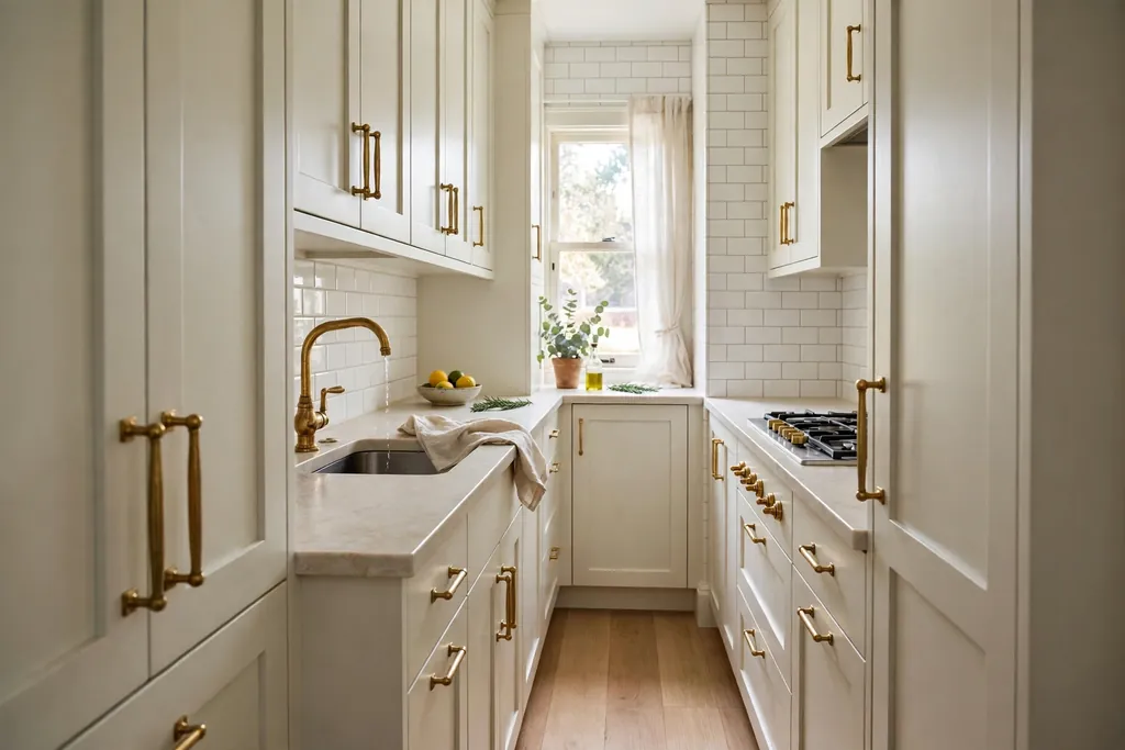 Brass cabinet pulls and a brass tap in a narrow kitchen with light cabinets.