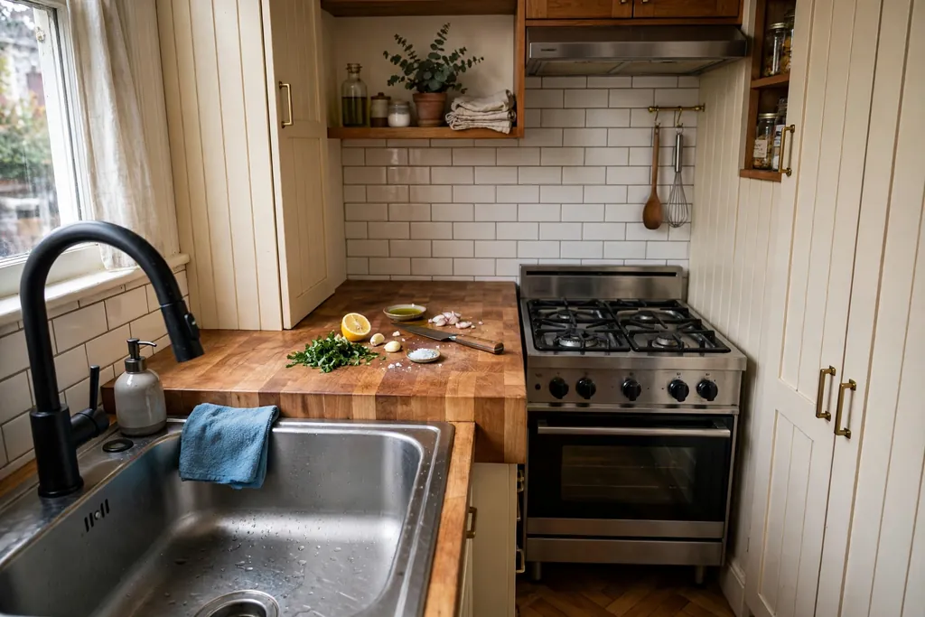 Butcher block counter section used for food prep between sink and stove in a narrow kitchen.