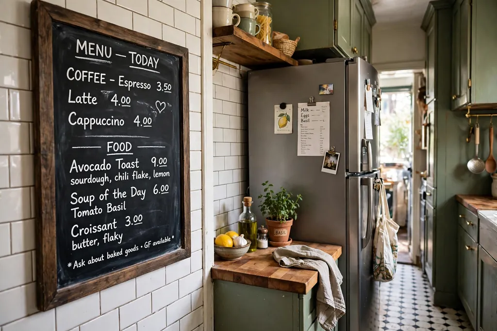 Framed chalkboard panel with a handwritten menu beside a fridge in a narrow kitchen.