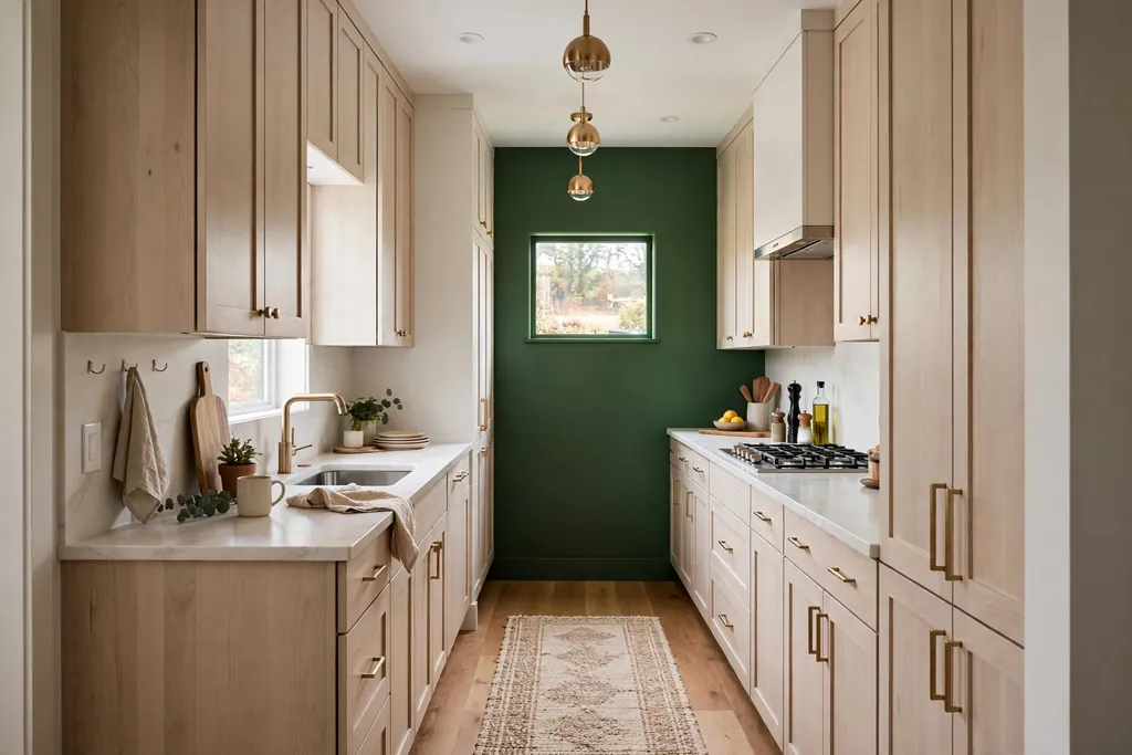 Narrow kitchen with a deep green painted end wall and light cabinets along the long walls.