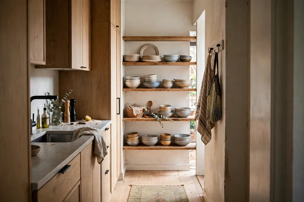Open wood shelves holding plates and bowls at the far end of a narrow kitchen.