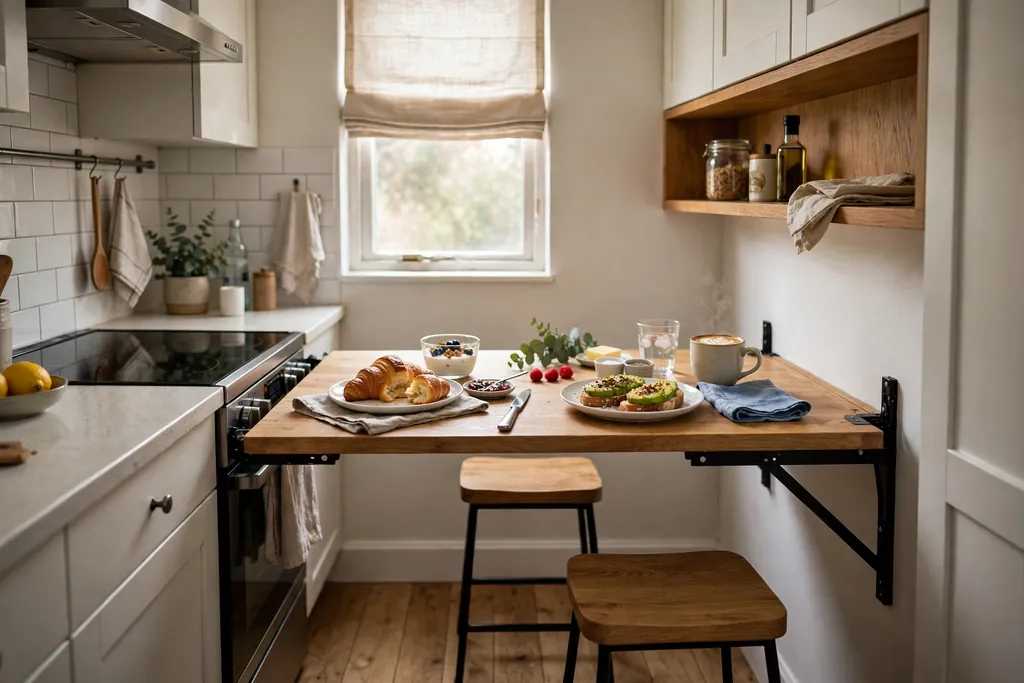 Fold down wall table with two stools set for breakfast in a narrow kitchen.
