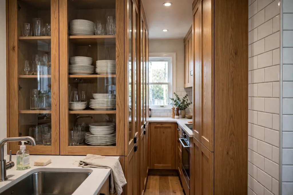 Glass front kitchen cabinets holding white plates and glasses in a narrow kitchen.
