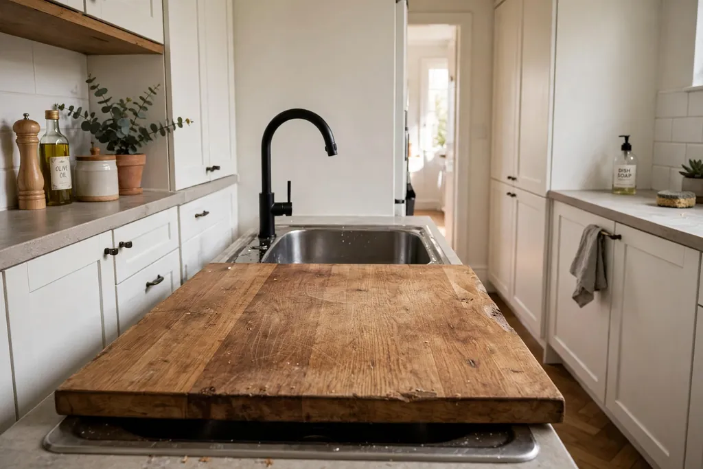 Large single bowl kitchen sink with a wood cutting board cover in a narrow kitchen.