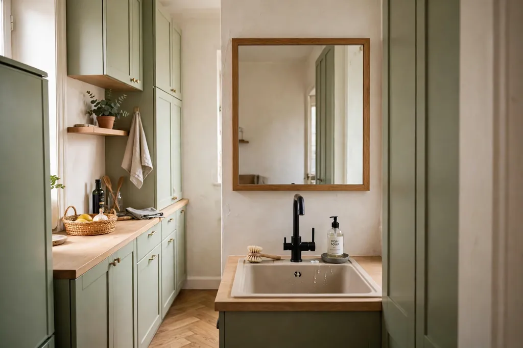 Framed mirror panel on an end wall above a sink in a narrow kitchen.