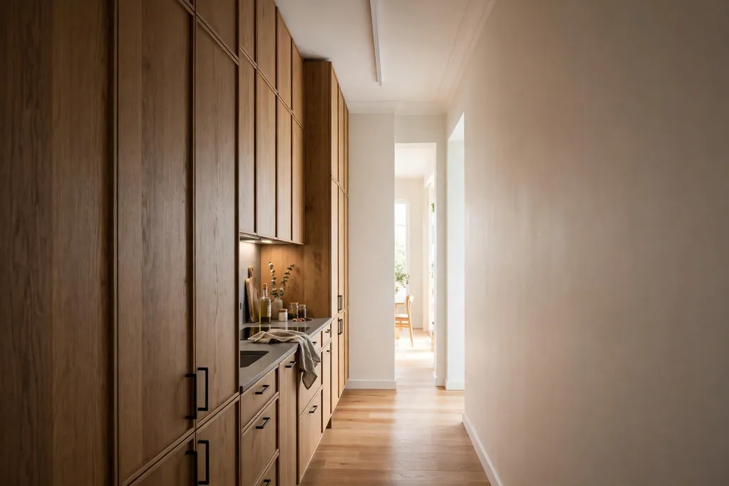 Narrow kitchen with tall storage cabinets on one side only and a lighter open wall opposite.