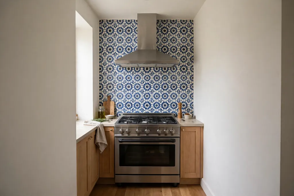 Patterned tile backsplash behind a stove in a narrow kitchen with plain surrounding walls.