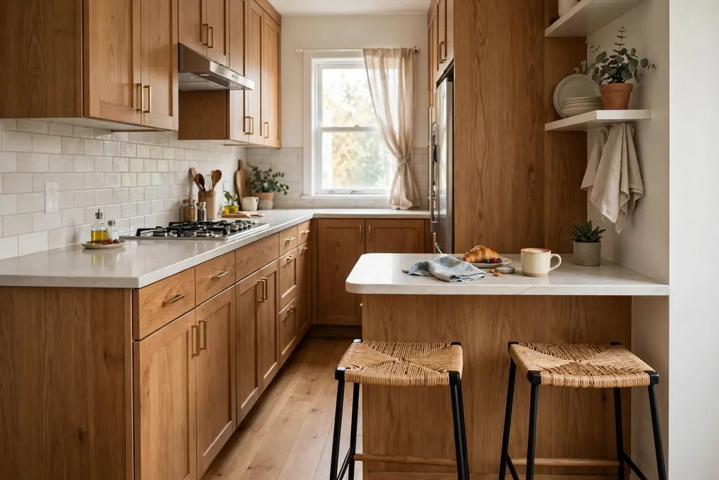 Short peninsula breakfast bar with two stools at the open end of a narrow kitchen.