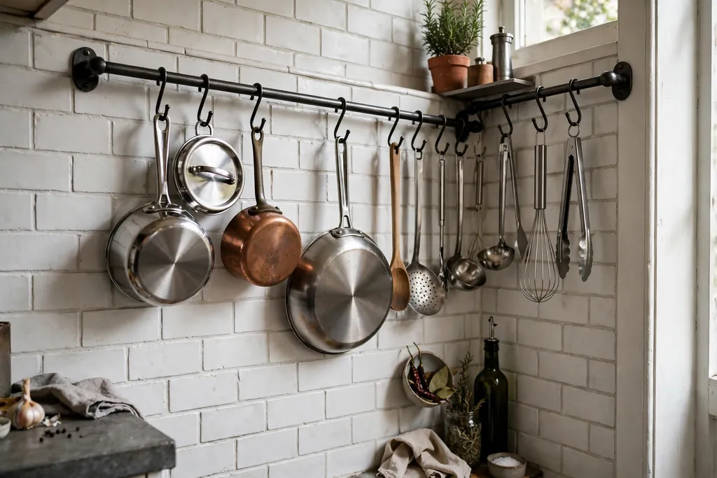 Metal pot rail with hanging saucepans and utensils along a narrow kitchen wall.