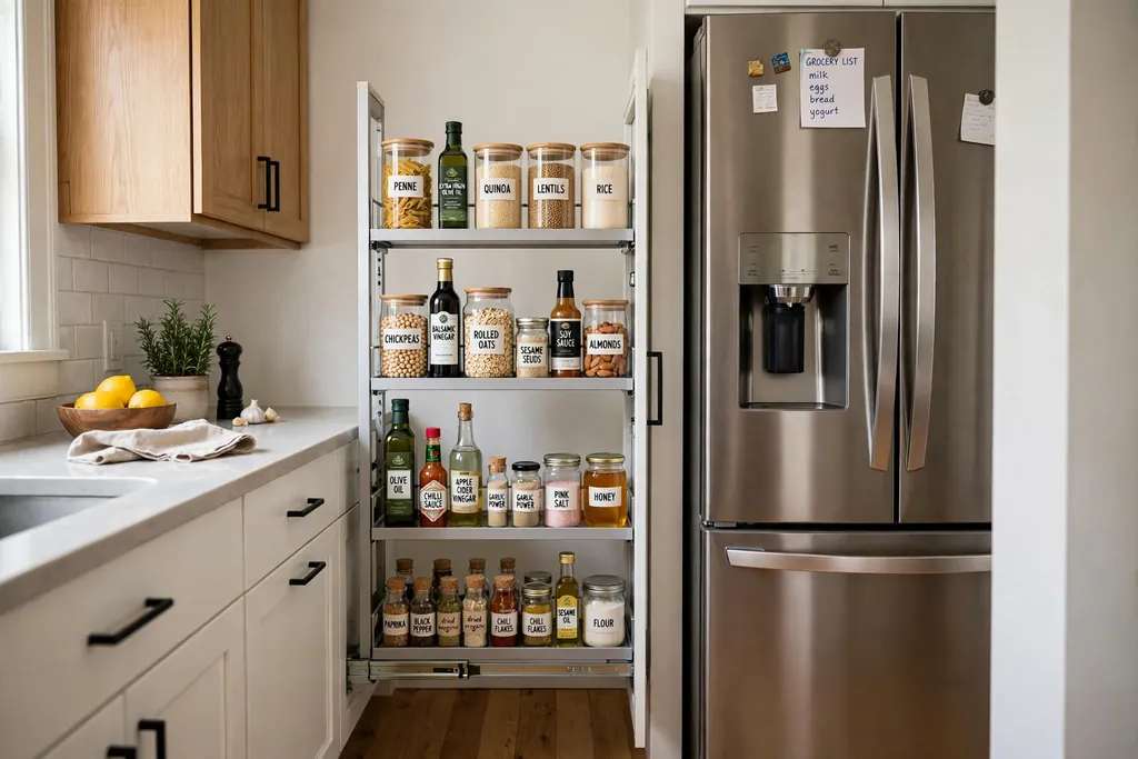 Slim pull out pantry filled with jars and bottles beside a fridge in a narrow kitchen.