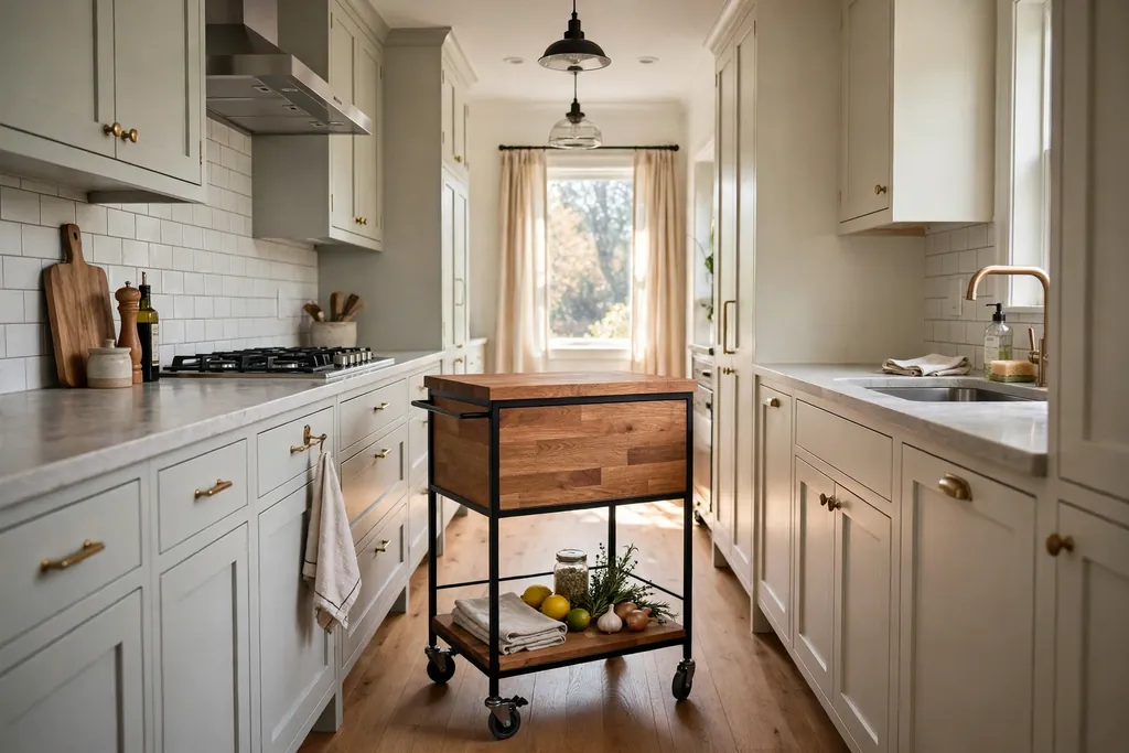 Narrow rolling kitchen cart with a wood top and a lower shelf in a galley kitchen.