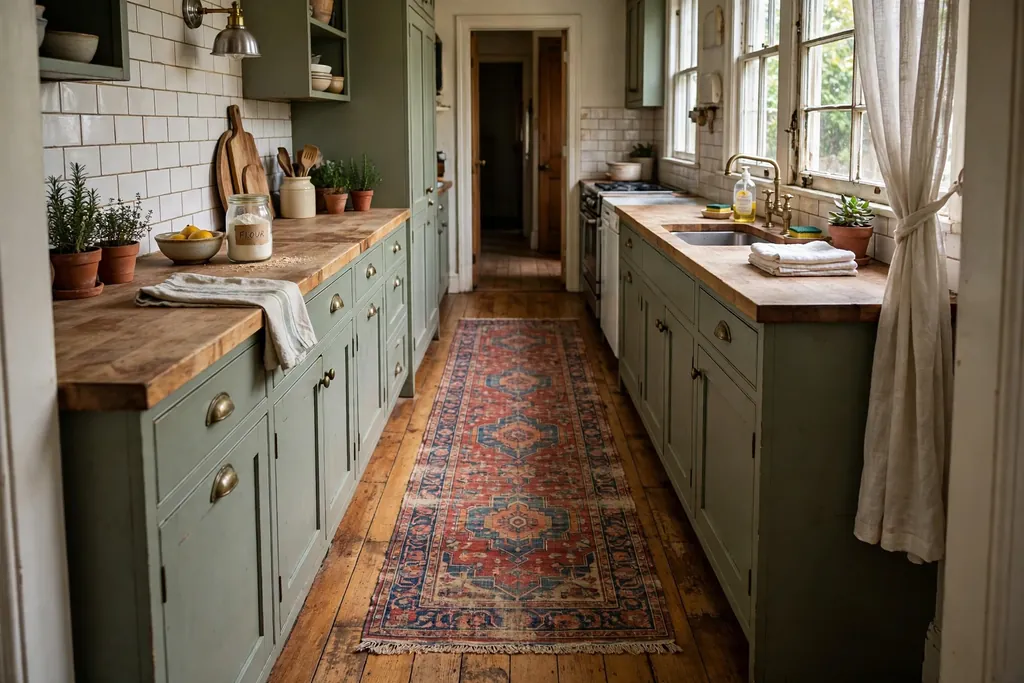 Vintage style runner rug laid down the middle of a narrow kitchen floor.
