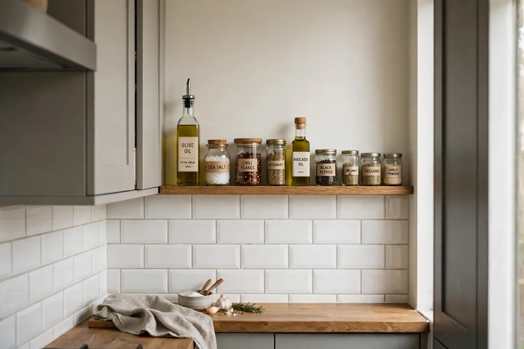 Slim spice ledge above a kitchen backsplash holding oils, salt, and jars.