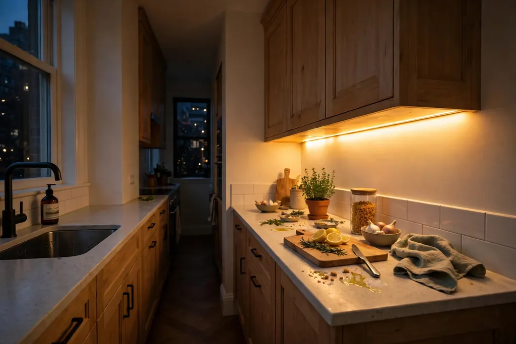 Warm under cabinet lighting over a counter in a narrow kitchen.