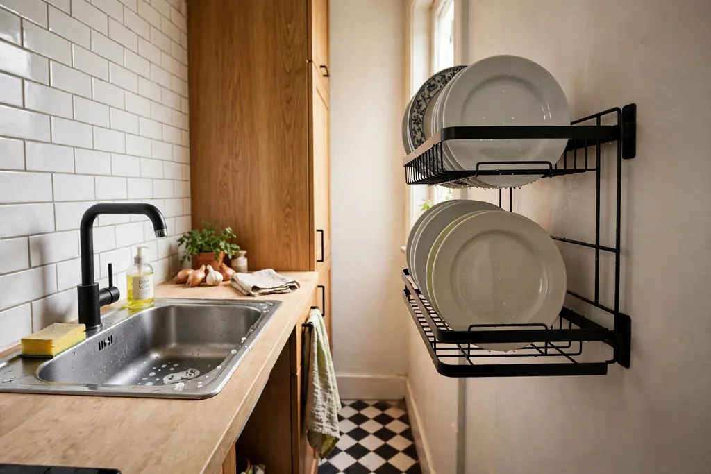 Wall mounted dish rack holding plates beside a kitchen sink in a narrow kitchen.