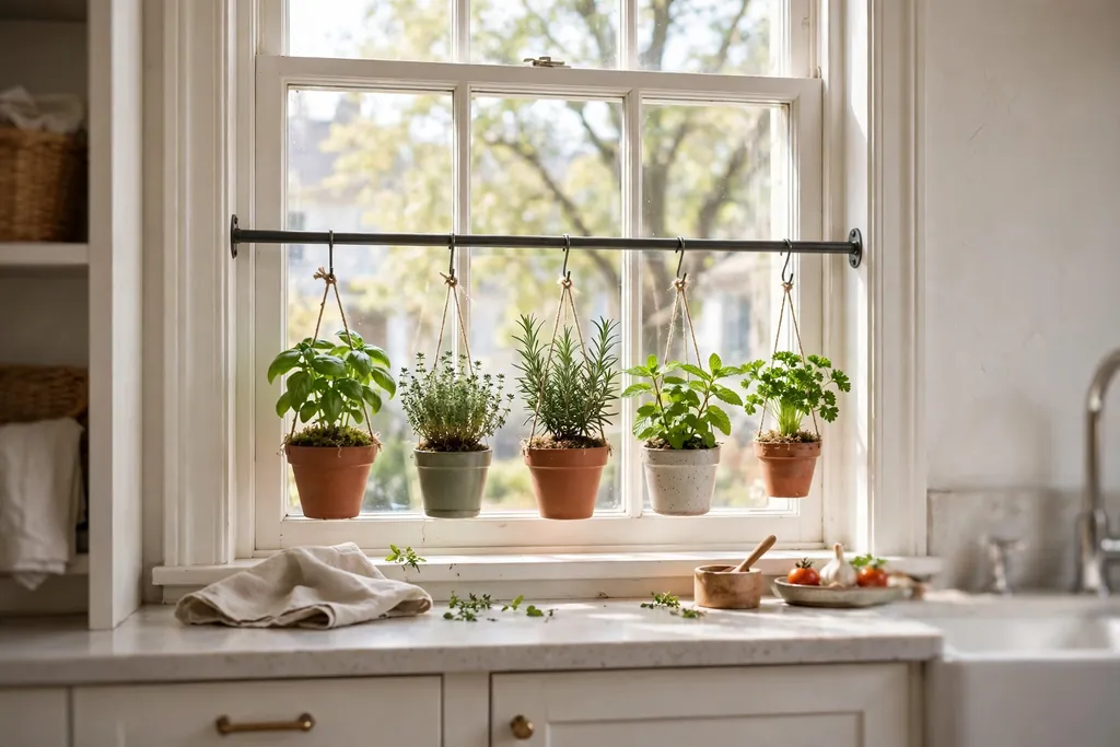 Small potted herbs hanging on a rail at a bright kitchen window.