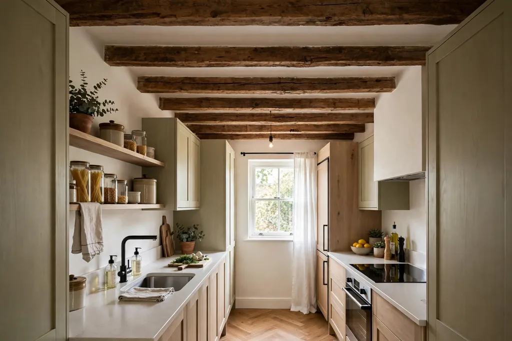 Exposed wood beams across the ceiling of a narrow kitchen with light walls.