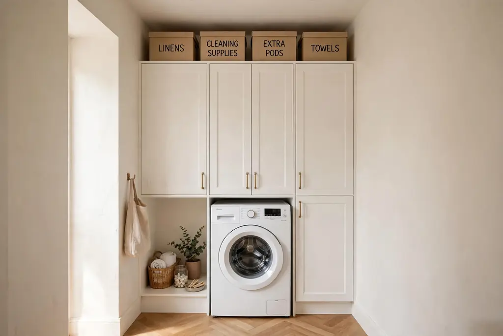 White cabinets running to the ceiling above a washing machine in a narrow laundry room