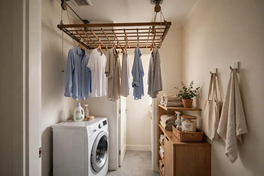 Ceiling pulley drying rack raised overhead in a narrow laundry room with clothes hanging