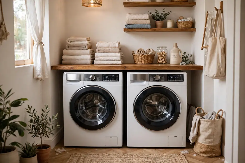 Wood counter over two front loader washing machines with folded towels on top
