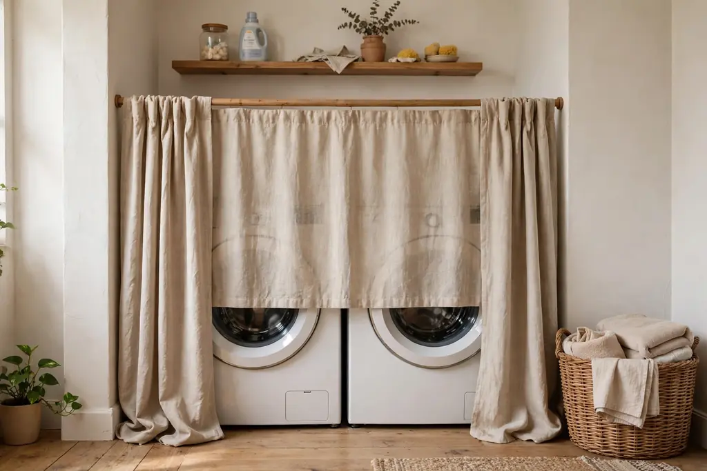 Beige curtain panel drawn across washing machines in a laundry nook