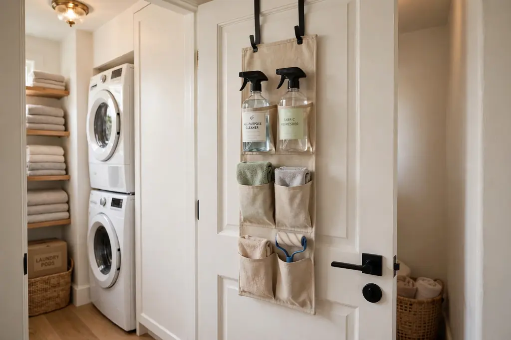 Slim hanging organizer on the back of a laundry room door holding spray bottles