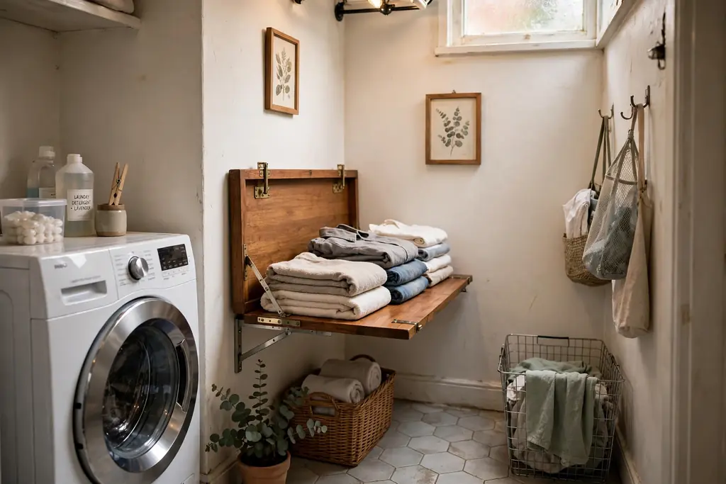 Fold-down wooden wall shelf lowered in a narrow laundry room with folded clothes