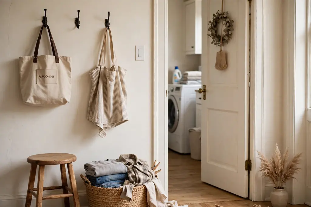 Laundry room door area with wall hooks