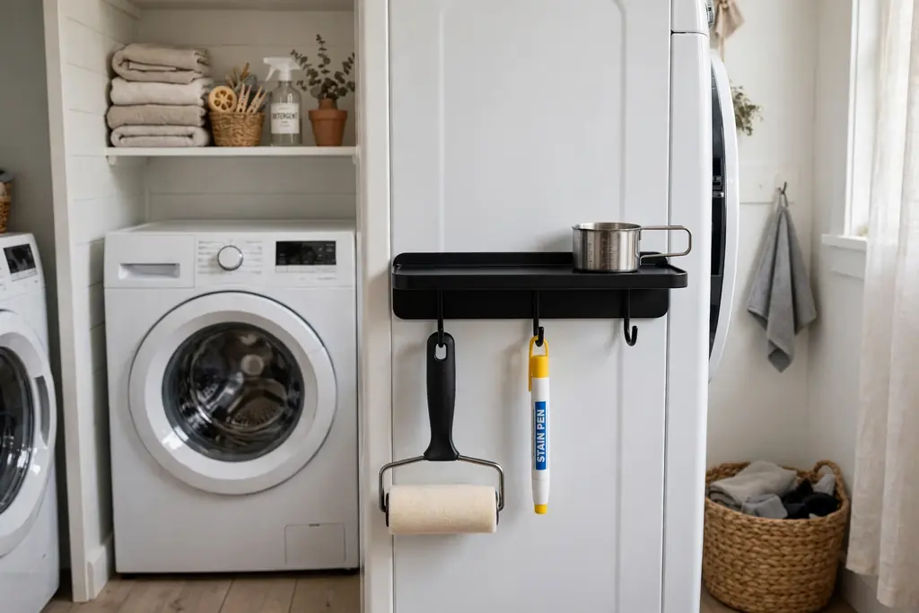 Magnetic shelf and hooks on the side of a washing machine holding small supplies