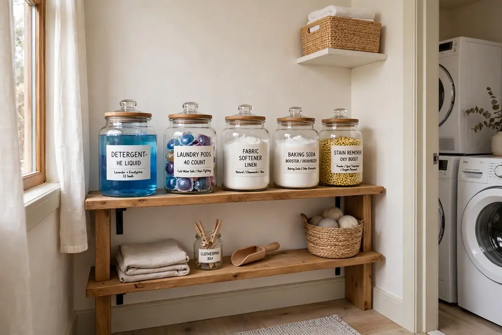 Matching labelled glass jars of detergent and laundry supplies on a shelf
