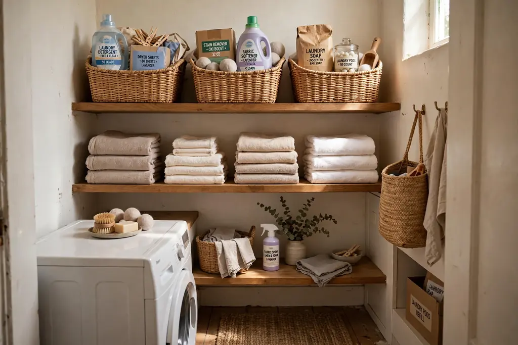 Open wood shelves with matching woven baskets holding laundry supplies