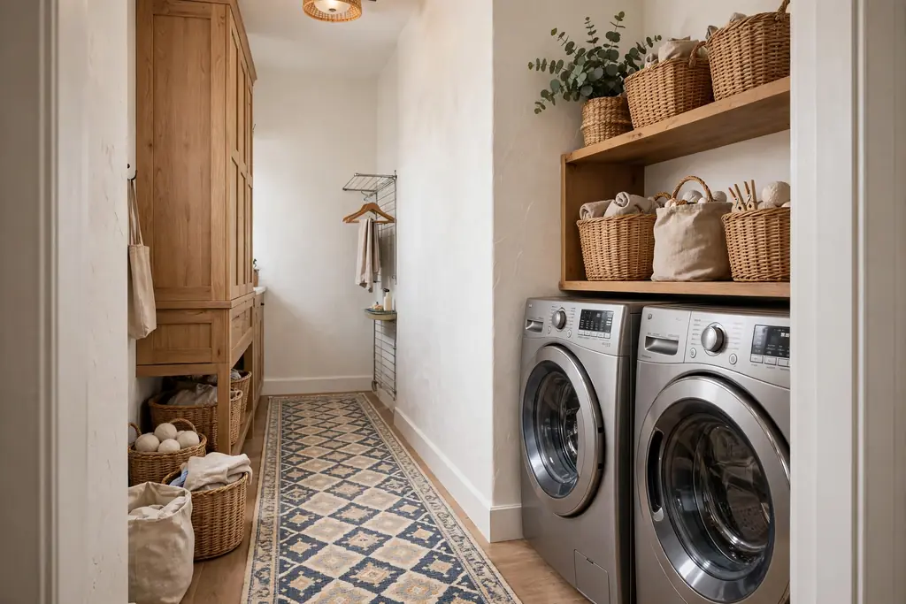 Patterned washable runner on the floor of a narrow laundry room beside machines