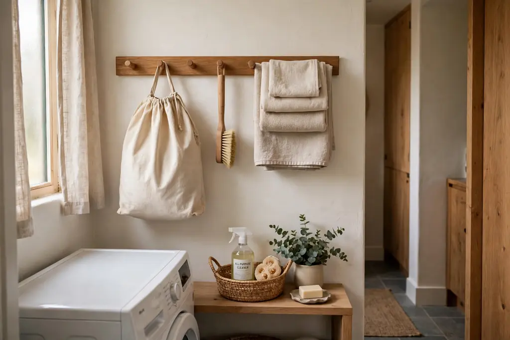 Wood peg rail with hooks holding a laundry bag