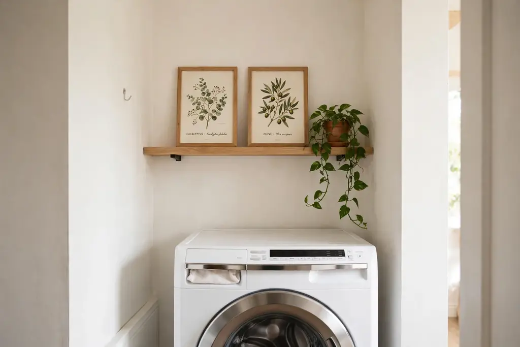 Narrow laundry room wall with framed prints and a small potted plant on a shelf